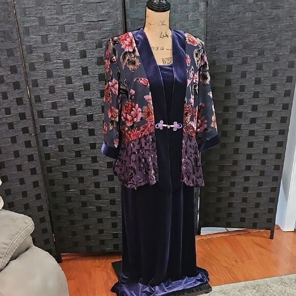 R&M Richards Floral Kimono and Velvet Dress Set Sz 14P - Picture 1 of 16